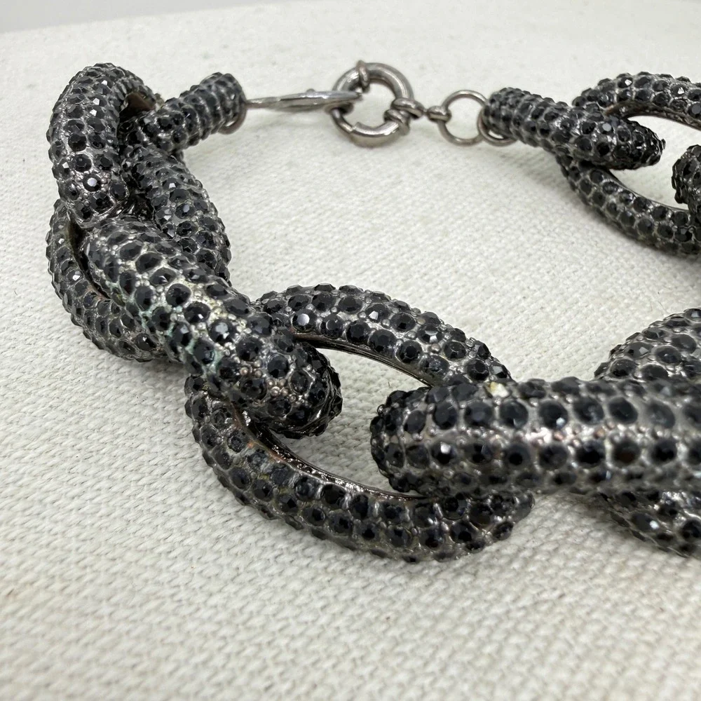 Chunky Link Bracelet Black Rhinestone Silver Tone Statement Bold‎ Sparkle